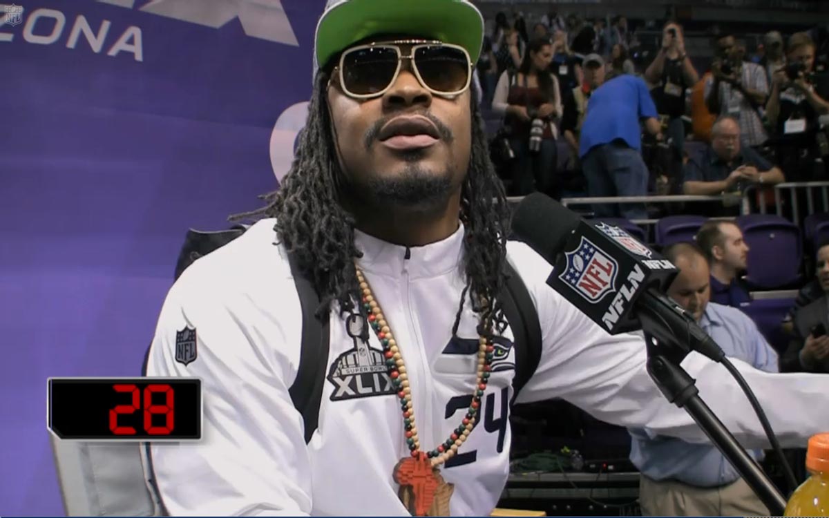 Marshawn Lynch hits 28 "I'm just here so I don't be fined" declarations.