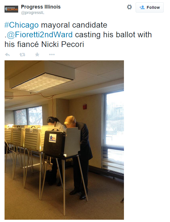 Fioretti and Nicki Pecori cast their votes in a photo tweeted by Progress Illinois. 