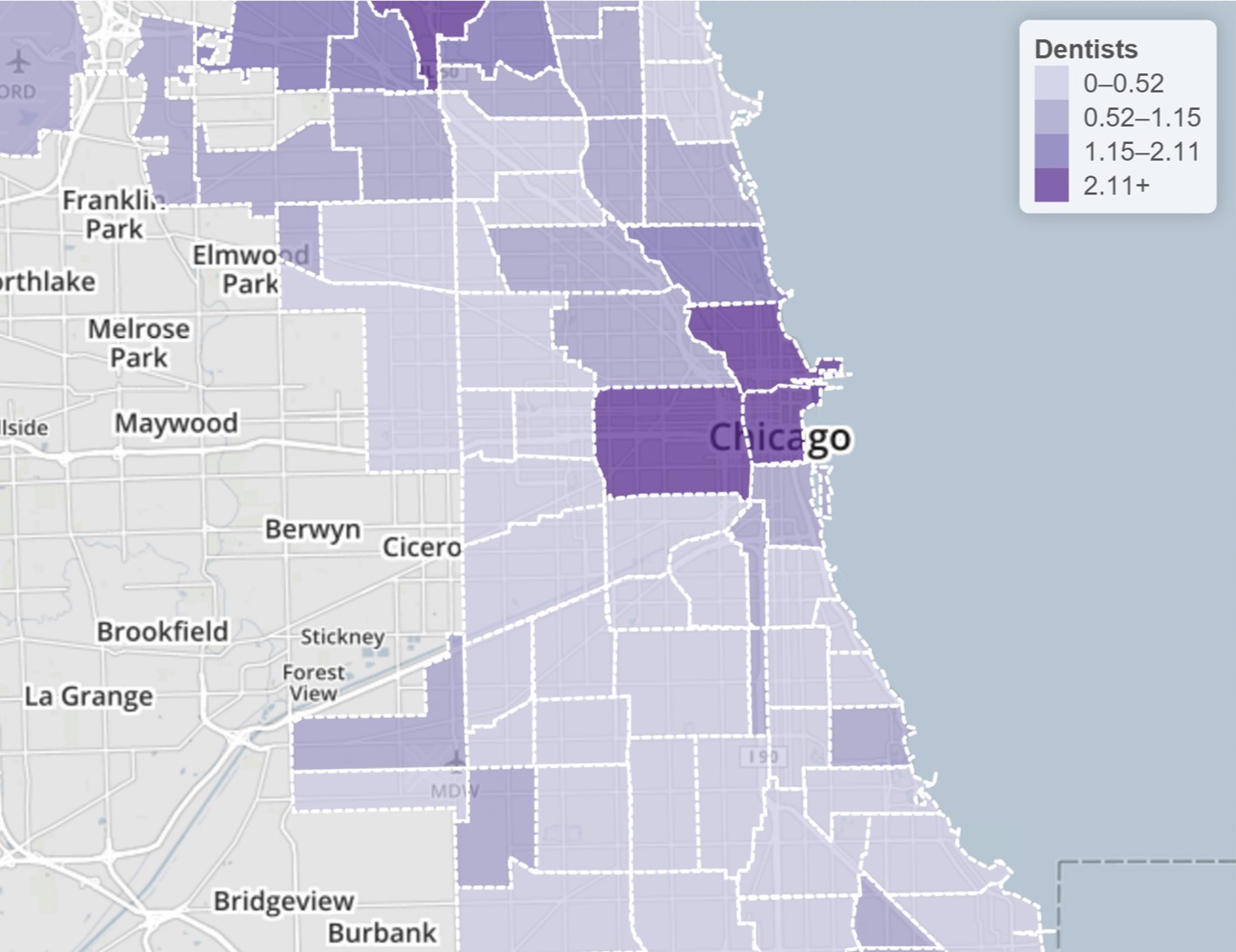 Practicing dentists per 1,000 residents by Chicago community area in 2010 - Courtesy of Chicago Health Atlas