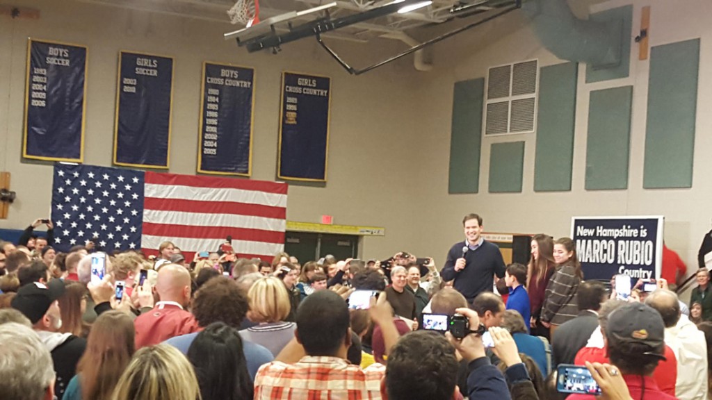 Marco Rubio addresses a lively crowd at Hood Middle School in Derry, NH on Friday Jan. 5. 