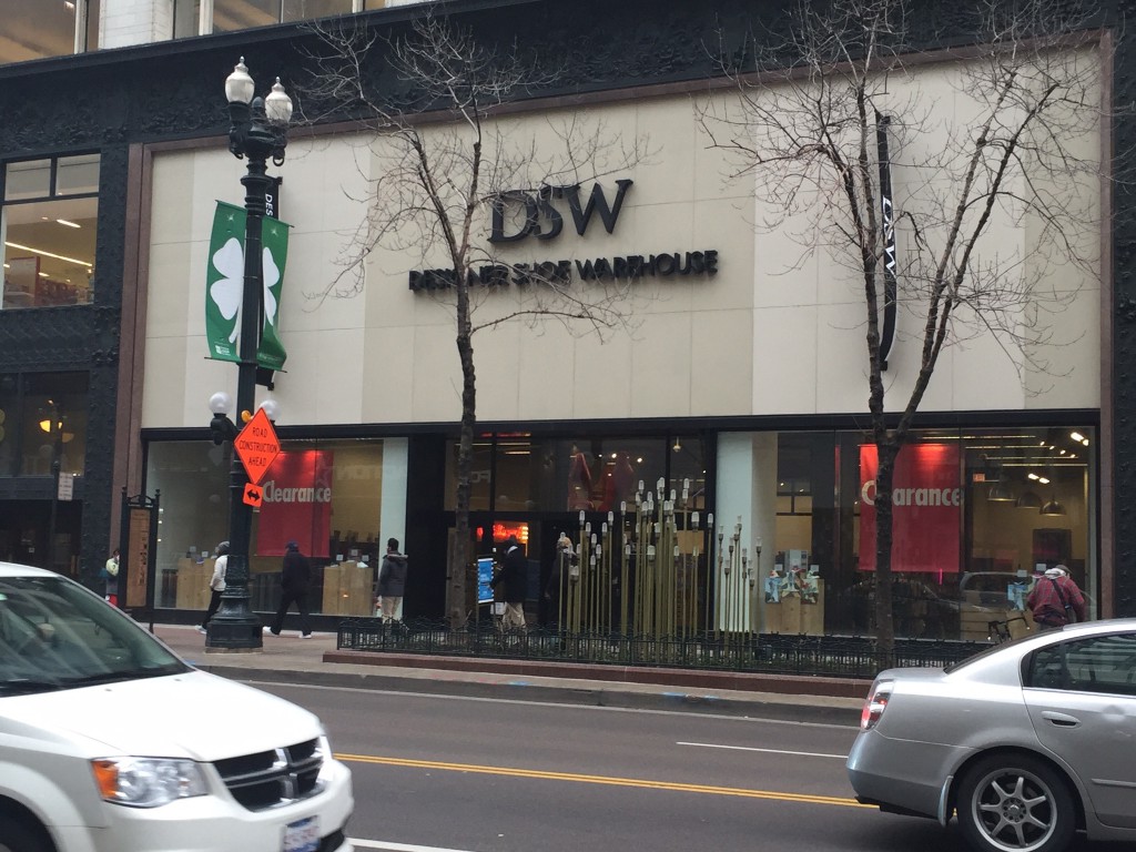 DSW's Chicago State St. location enjoys moderate morning foot traffic.