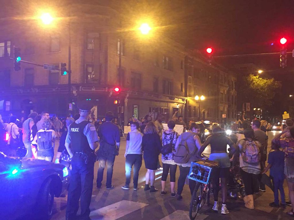 Protestors block the intersection of Halsted and Belmont demanding justice for black trans lives on October 5