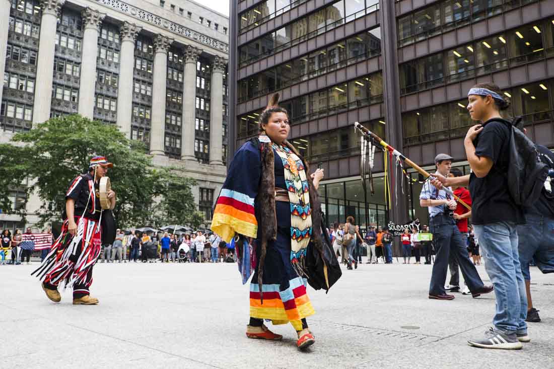 Native American woman walking