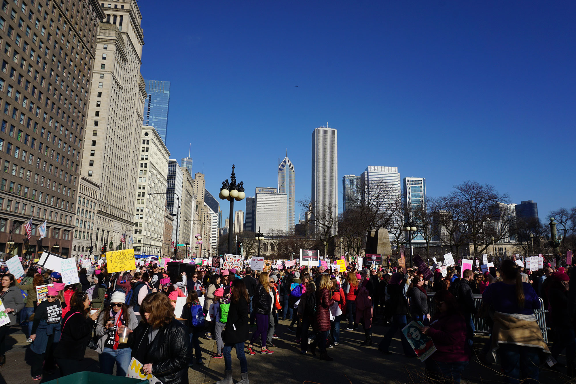 Protestors filed from Michigan Ave. into Grant Park for the Women's March on Chicago. (Ritu Prasad/MEDILL)