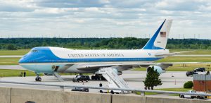 An Air Force One plane parks at the airport. (Photo by Heads Up Aviation via Flickr)