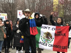 Photo at top: A protester gives a speech in “Latinxs Against Trump Protest” at Cloud Gate, Chicago, Feb.25. (Mengjie Jiang/MEDILL)