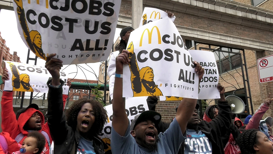 Protests erupt at the construction site for the new corporate McDonalds headquarters in West Town. Workers chant "We want fifteen," fighting for increased minimum wage. (Rothman/MEDILL)