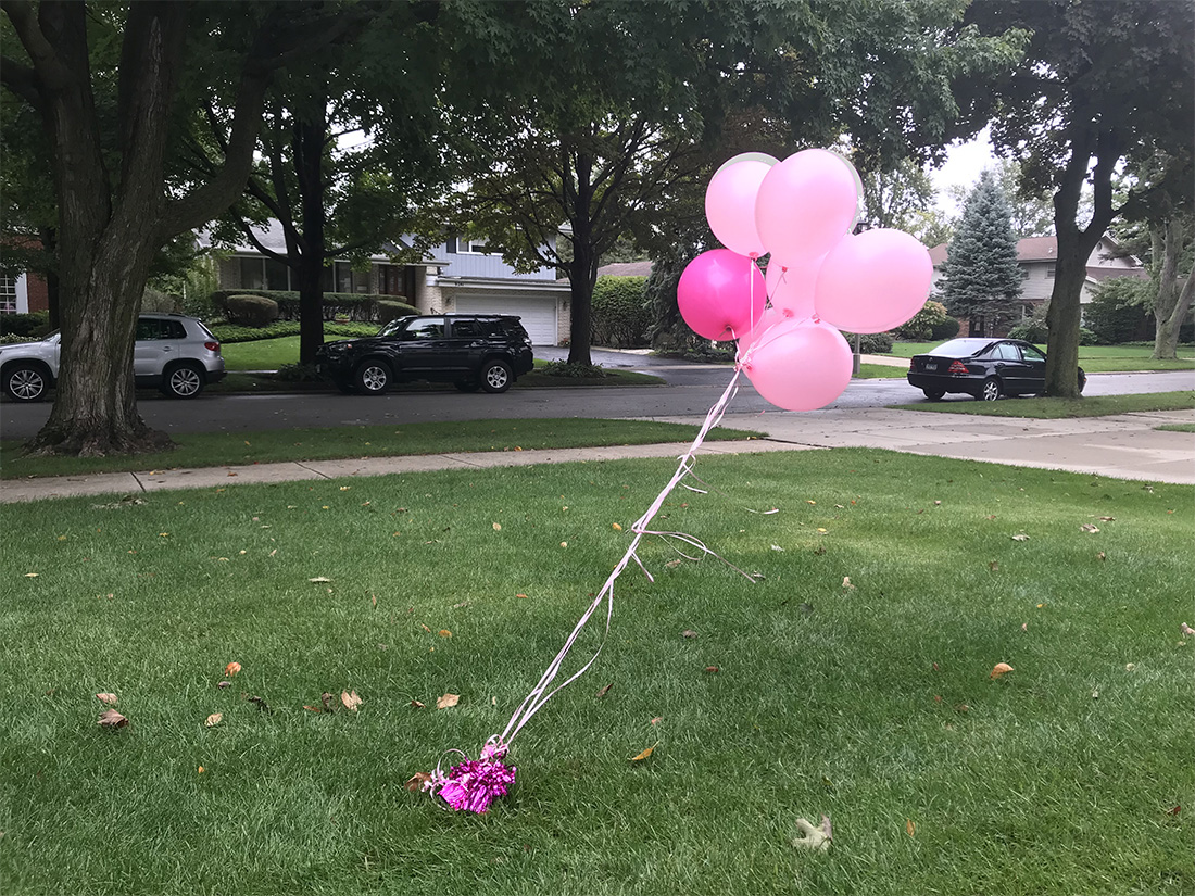 Breast cancer pink balloons outside the Survivors & Friends Meet Up open house in Carfang's hometown, Evanston, IL.
