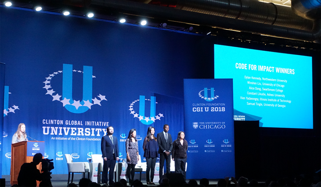 A multi-university proposal to coordinate disaster relief for communities in Southeast Asia won the Clinton Foundation Codeathon at Clinton Global Initiative University (CGI U) on Friday. Team members (identify them) took a blow at CGI U 2018 closing plenary session, hosted at the University of Chicago.