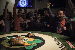 Turtle race attendees cheer for their favorite turtles.